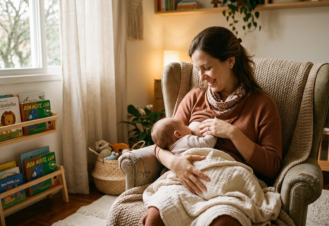 Mãe amamentando o bebê em uma poltrona