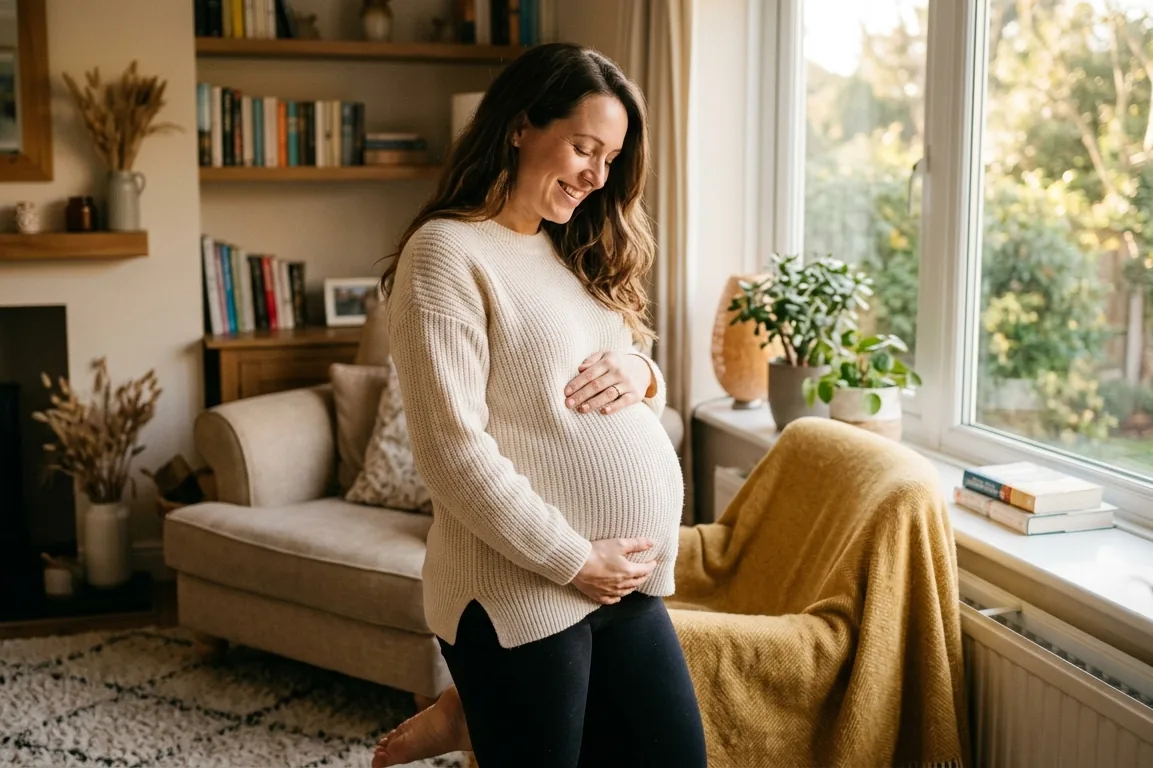 Gestante em casa segurando a barriga