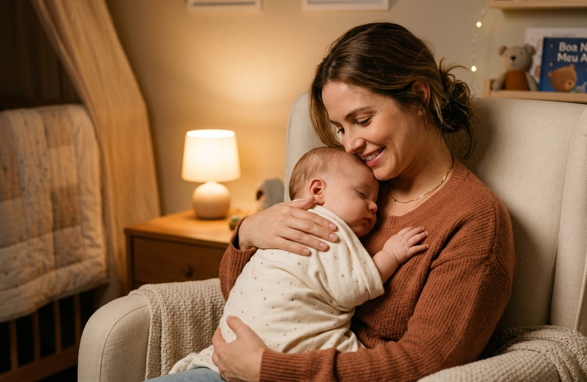 Mãe embalando o bebê no quarto com luz baixa