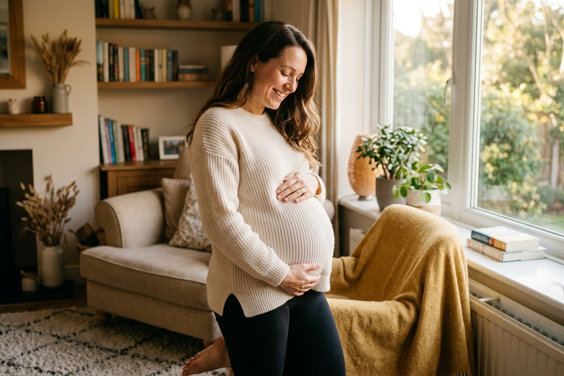 Gestante em casa segurando a barriga