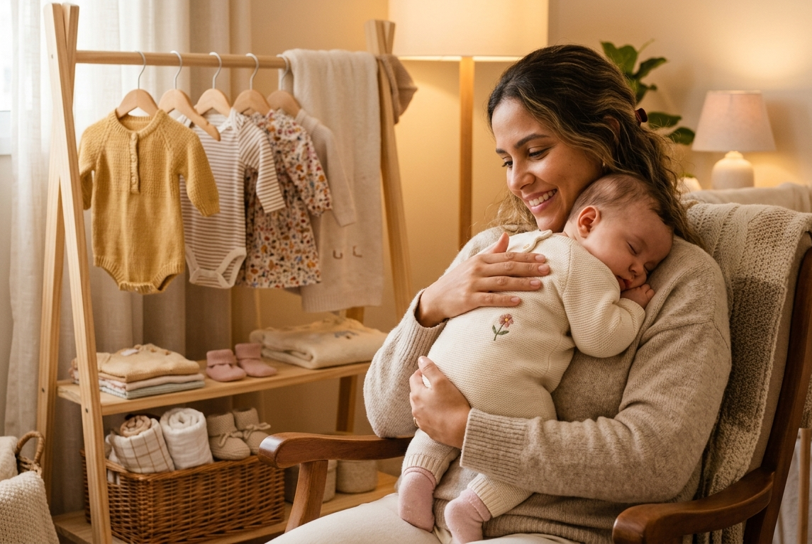 Mãe com bebê no colo ao lado de roupinhas em uma arara