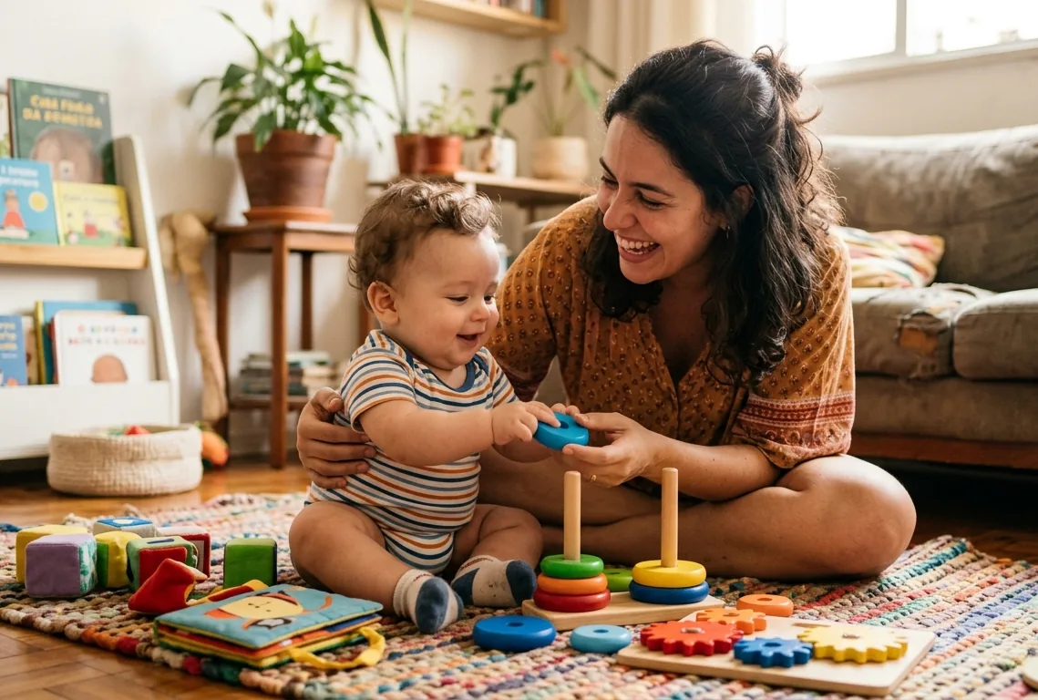 Mãe brincando com o bebê no tapete