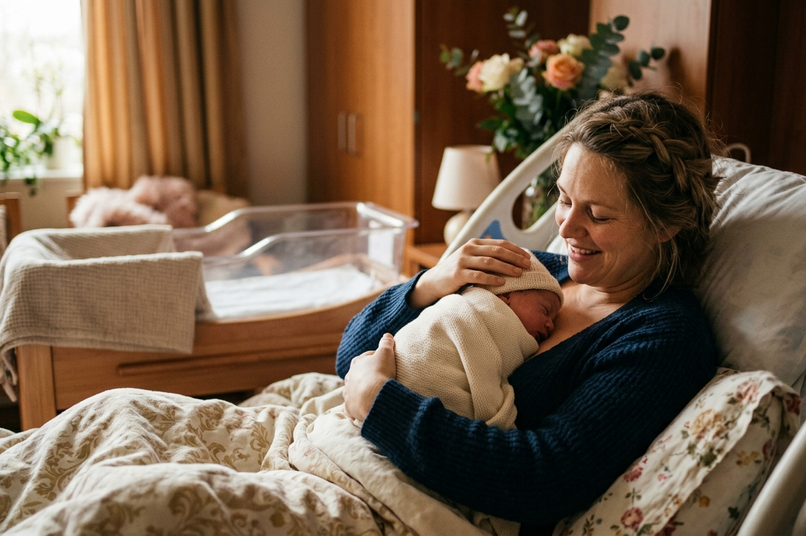 Mãe com o recém-nascido na maternidade