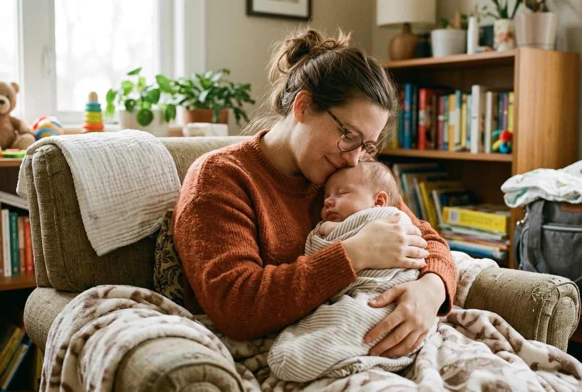 Mãe com o recém-nascido no colo em casa