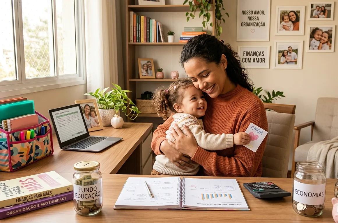 Mãe organizando as finanças da família com a filha no colo