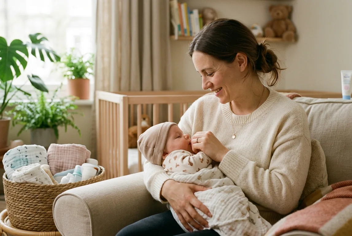 Mãe com o bebê no colo no quarto do bebê