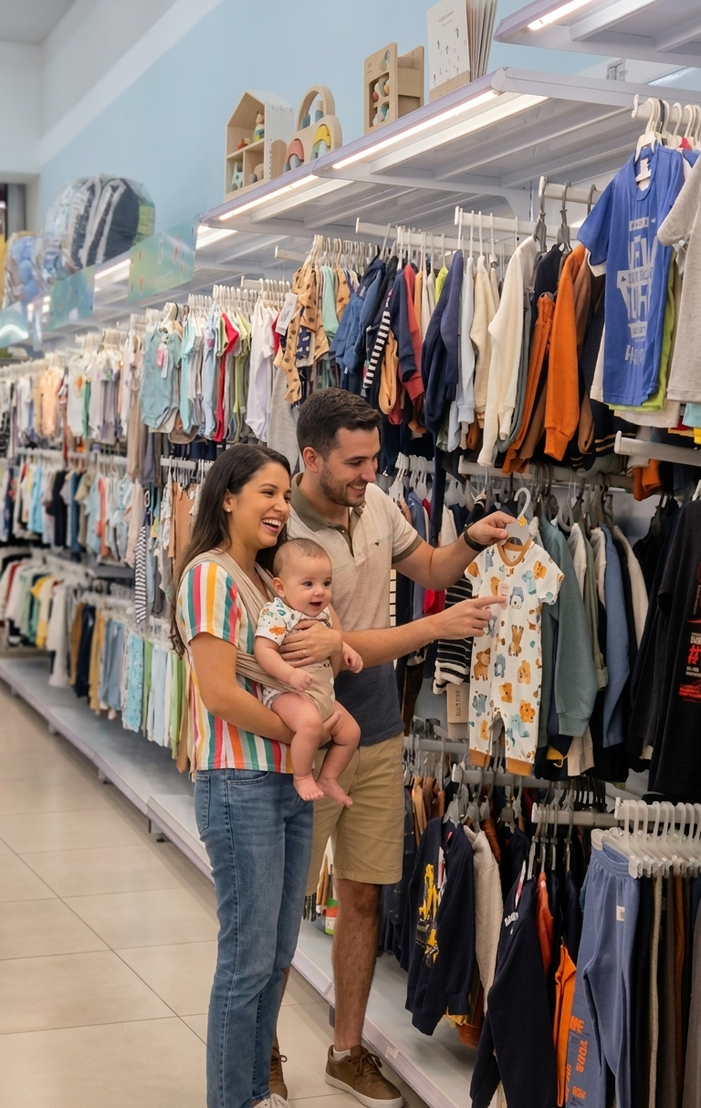 Casal com bebê olhando macacões na Loja Tiemi