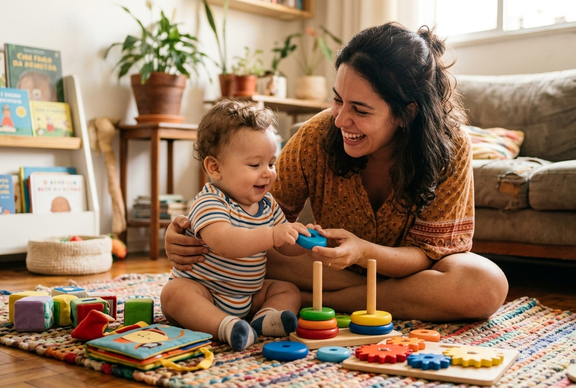 Mãe brincando com o bebê no tapete