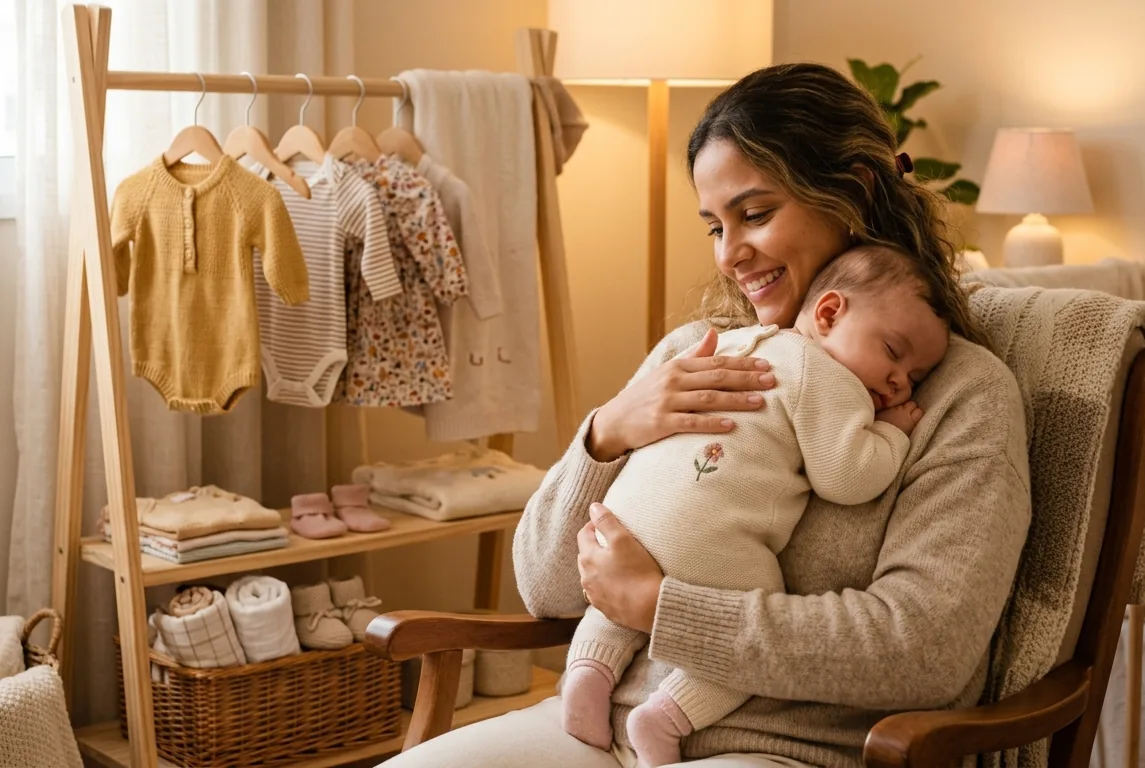 Mãe com bebê no colo ao lado de roupinhas em uma arara